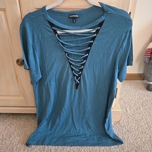 Express Women's Dark Teal & Black Lace Up Detail Blouse Top